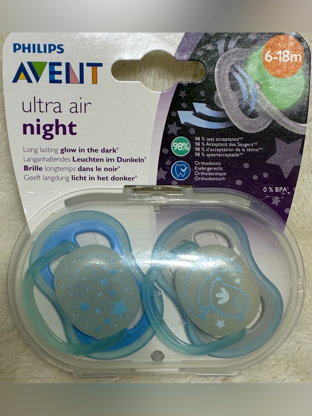 NWT Philips AVENT Ultra Air Night 6-18M 2 Pack Pacifiers Sterilized Carry Case